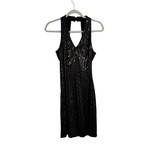 Cache Brown All Over Sequin Dress V-Neck Open Back Y2K Party Womens 8 - Picture 1 of 7
